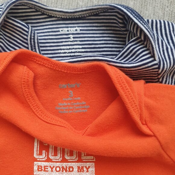 Two Carter's Baby Bodysuits Size 3 Months Orange Striped Navy Blue White - Picture 3 of 4